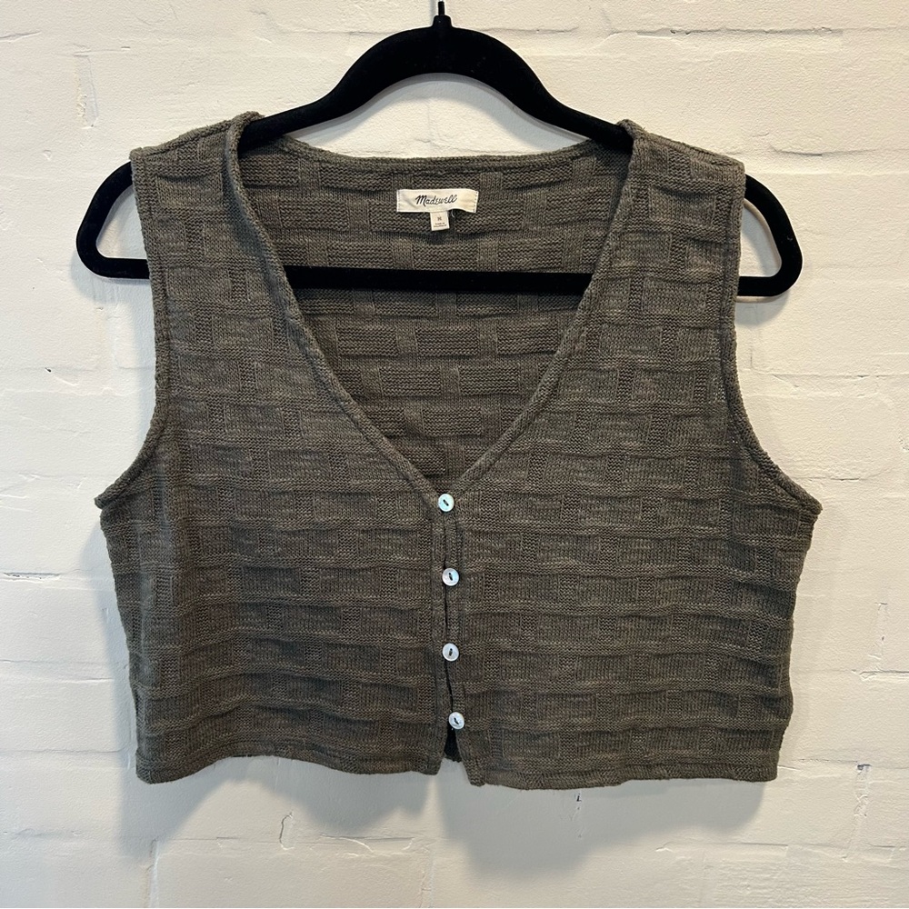 Madewell Olive Green Basket Weave Crop Sweater Vest Minimalist Boho Size M